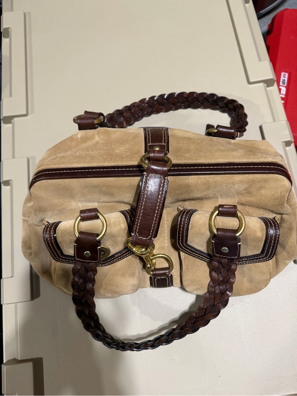 Suede Satchel Handbag with Braided Leather Handles - Tan & Dark Brown